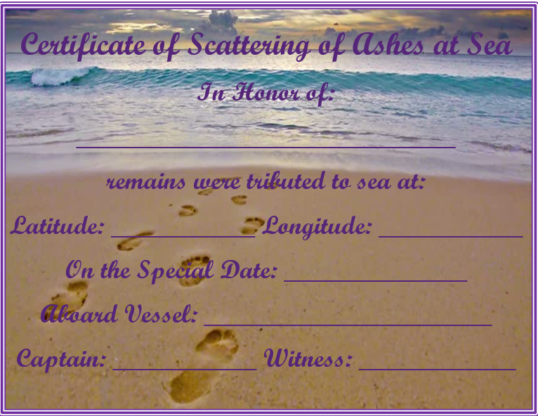 Certificate of Scattering of Ashes at Sea FOOTPRINTS