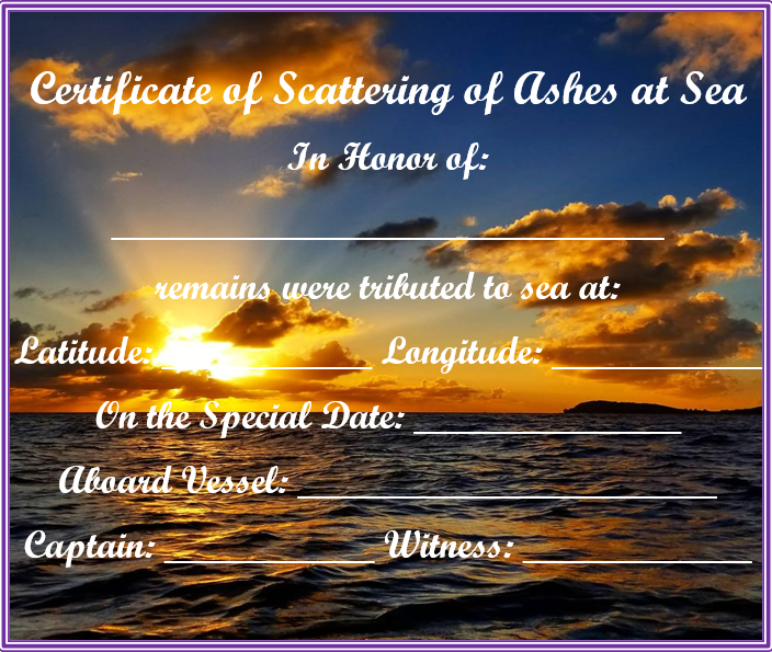 Certificate of Scattering of Ashes at Sea SUNSET